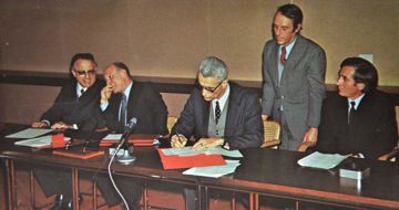 Alfons Benedikter, Generalintendant ORF Gerd Bacher, Silvius Magnago, Generalsekretär Anton Romen, ZDF-Justitiar Ernst W. Fuhr, 1974 - RAS Bozen